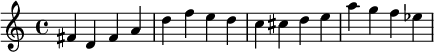\relative c' { fis d fis a d f e d c cis d e a g f ees }